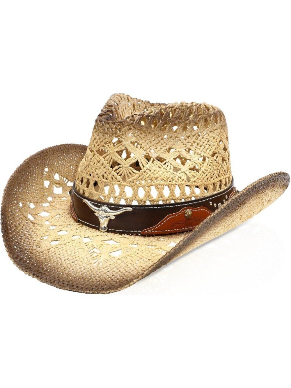Men's Beige Elastic Closure Straw Wide with Shapeable Brim Western Cowboy Hat